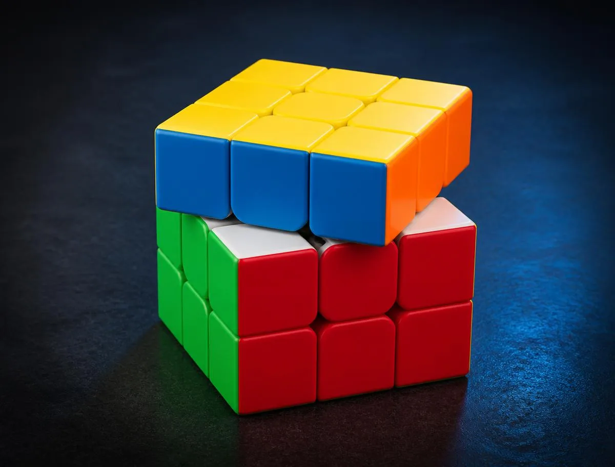 Magnetic speedcube mid-turn on a dark background